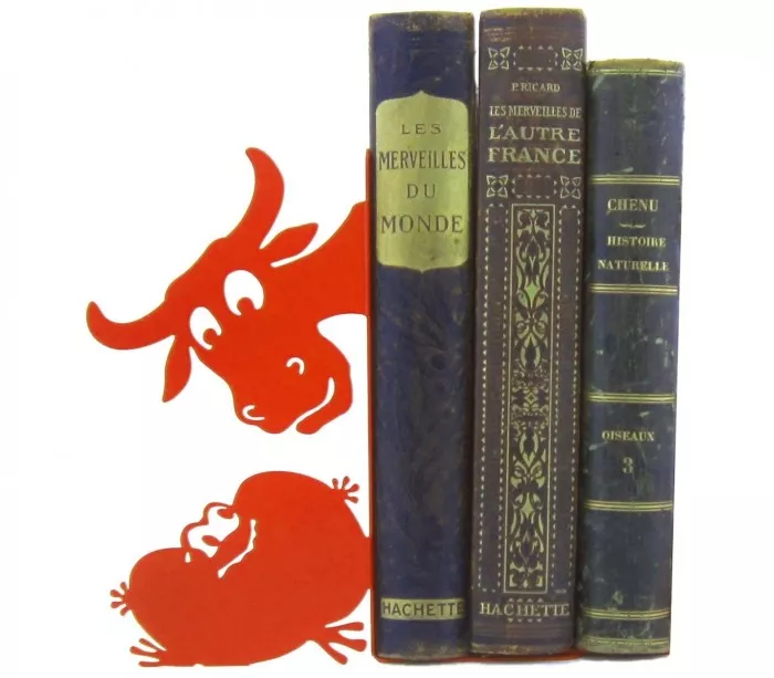 Red metal bookends style cartoon inspired by Jean de la Fontaine fables