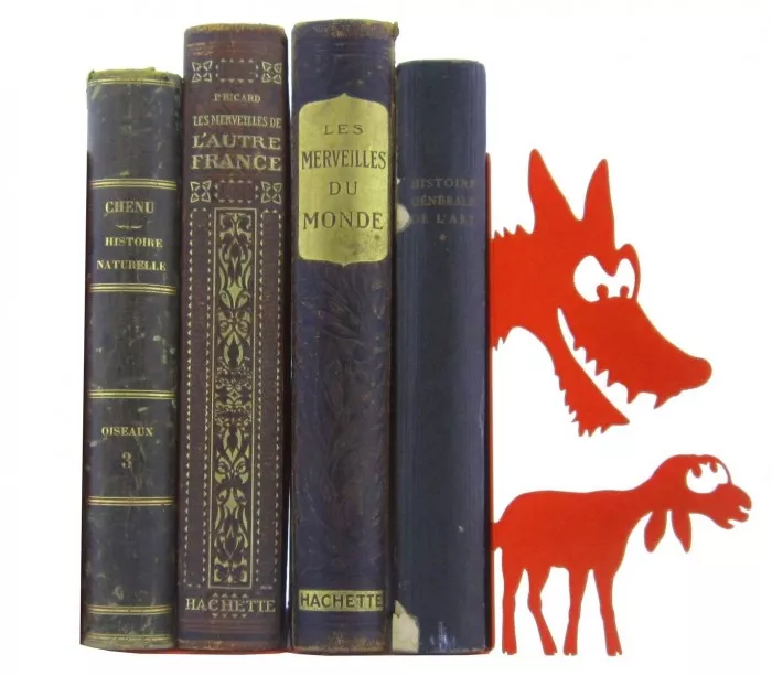 Grand serre-livres métal rouge fable Le loup et l'agneau
