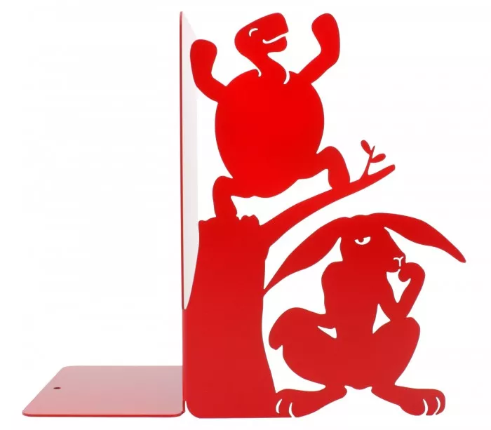 Large red metal bookends with funny cartoon style