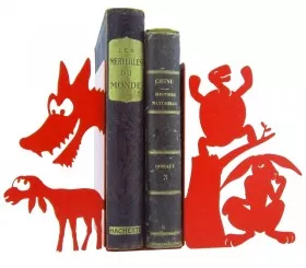 Paire grands presse-livres métal rouge fables lièvre tortue loup agneau