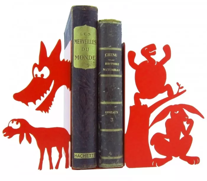 Paire grands presse-livres métal rouge fables lièvre tortue loup agneau