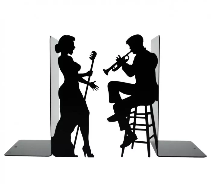 Paar große Buchstützen mit Silhouetten von Jazz-Sängerin und Trompeter