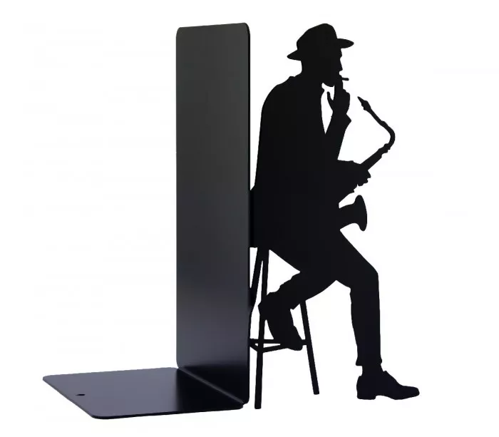Laser cut metal bookends Saxophonist to wedge vinyl disc