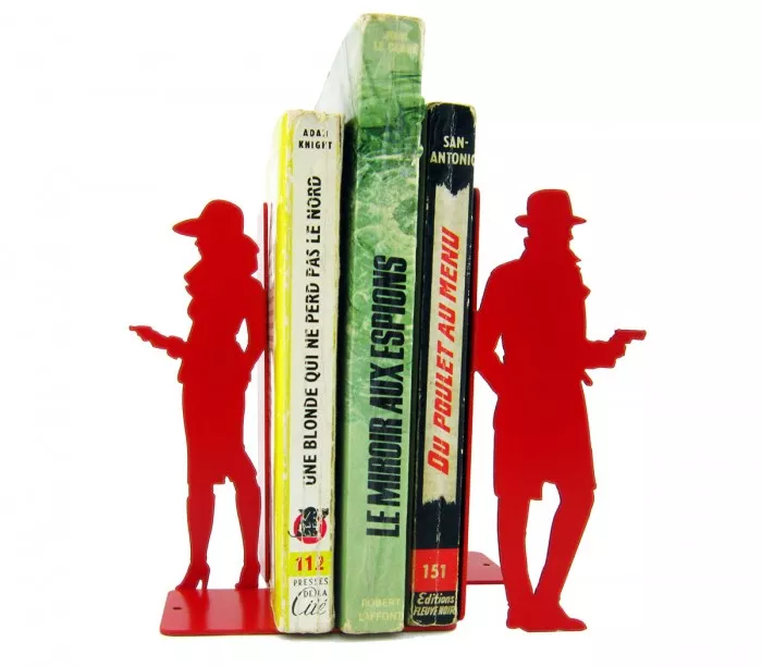 Pair of red metal bookends for thrillers and detective novels