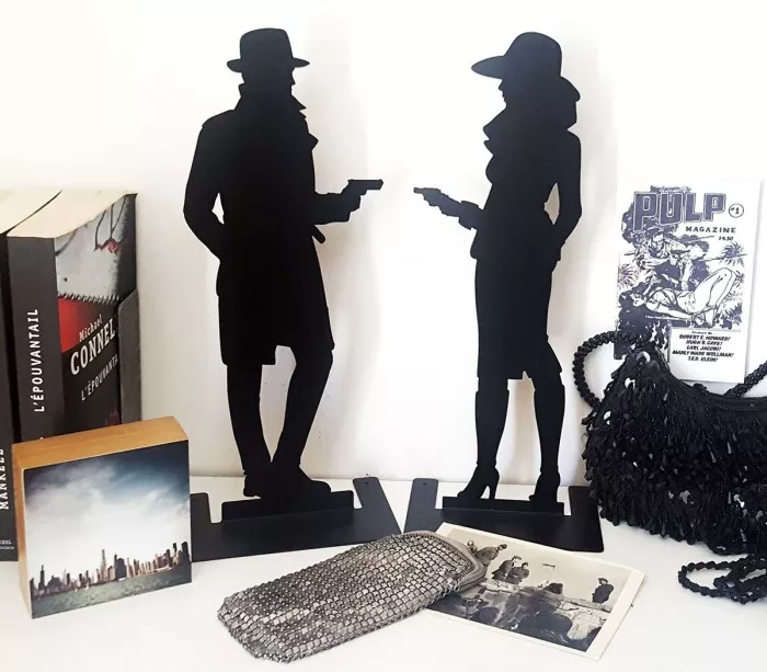Vintage decorative silhouettes inspired by old thrillers Maltese Falcon Alain Delon