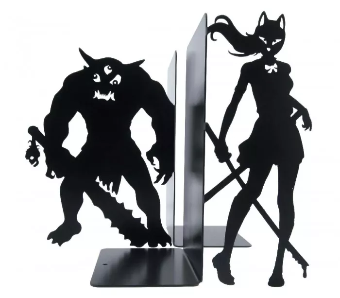 Große Buchstützen aus schwarzem Metall mit Manga-Silhouetten verziert