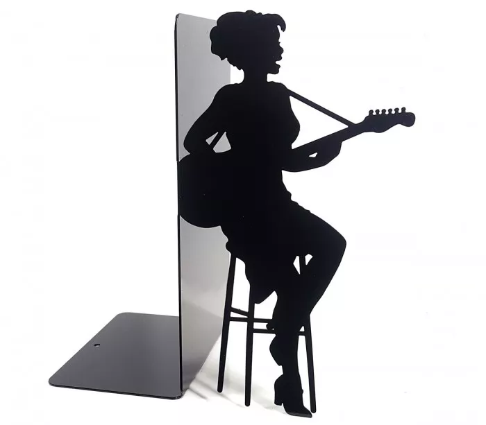 Grand presse-livres en métal noir avec silhouette de guitariste de jazz
