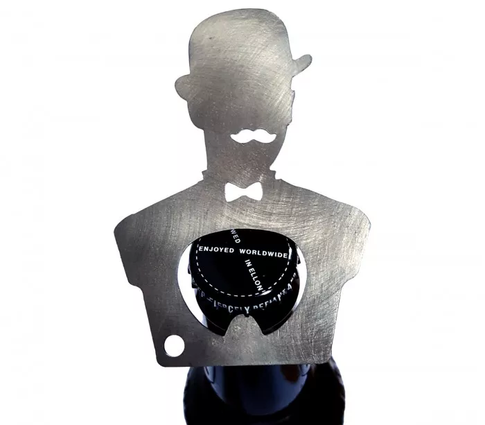 Original beer bottle opener, bowler hat, mustache and bow tie
