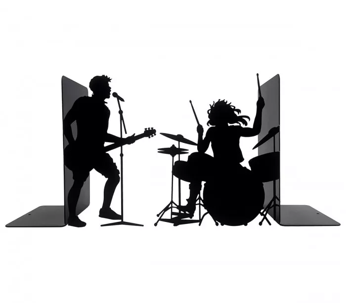 Buchstützen mit Silhouetten eines Schlagzeugers und eines Rockgitarristen