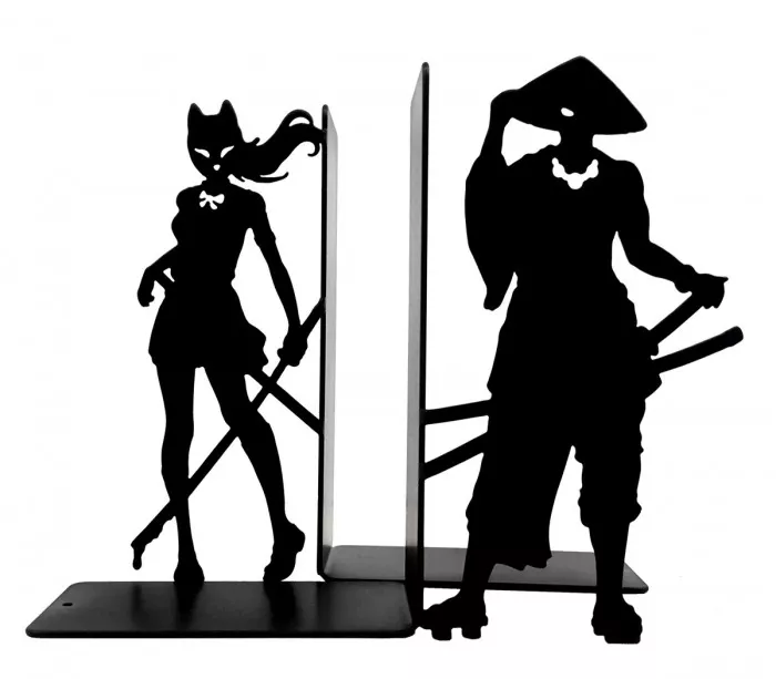 Black laser-cut metal bookends with manga-inspired silhouettes