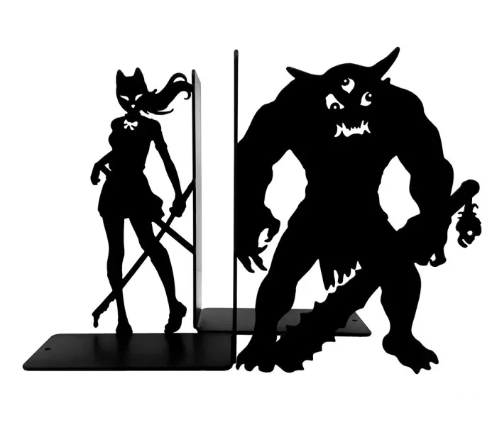 Vixen high school girl with a katana facing a demon to stall manga on the shelves of a library