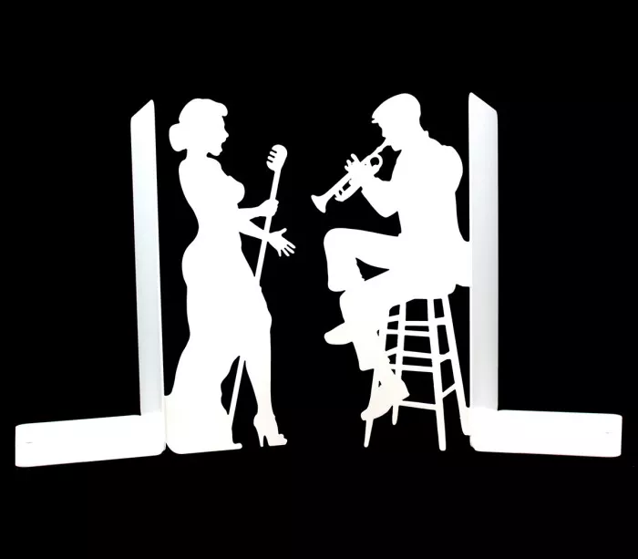 Große Buchstützen mit Silhouetten von Jazzmusikern