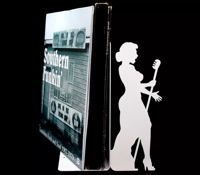 large white metal bookends for vinyl records