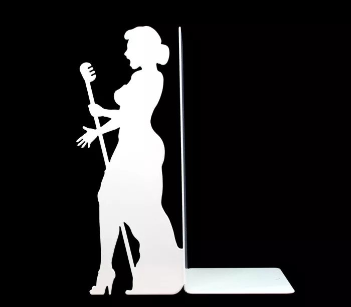 White bookend with laser-cut silhouette of jazz singer