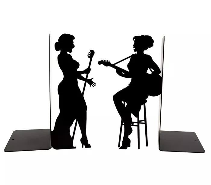 Large black metal bookends with laser cut female jazz musician silhouettes