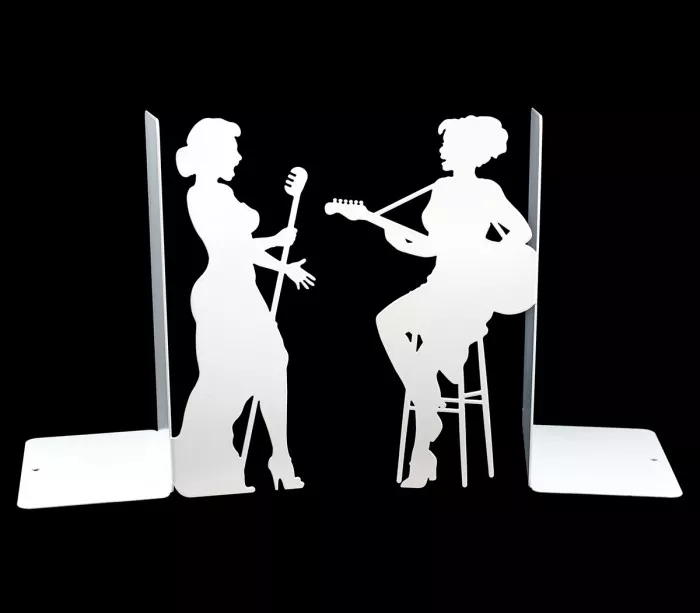 Large white metal bookends with laser cut female jazz musician silhouettes
