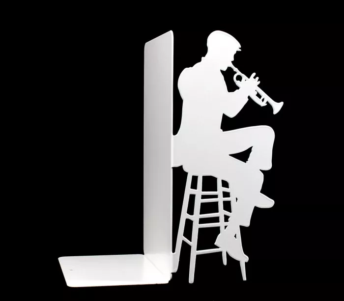 Large bookend holds vinyl records in white metal Trumpeter