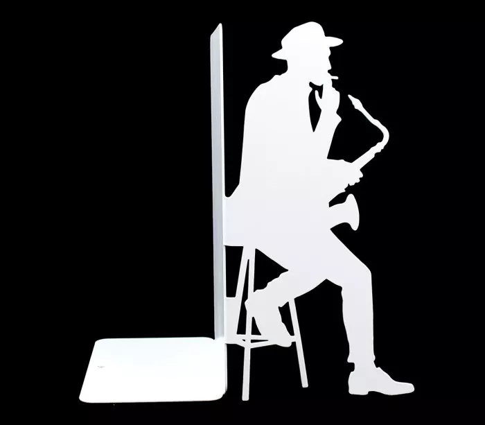 Große weiße Buchstütze zum Verkeilen von Jazz-Schallplatten