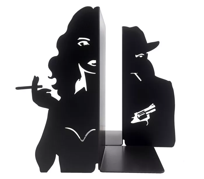 Large decorative vintage thriller-style bookends in laser-cut steel