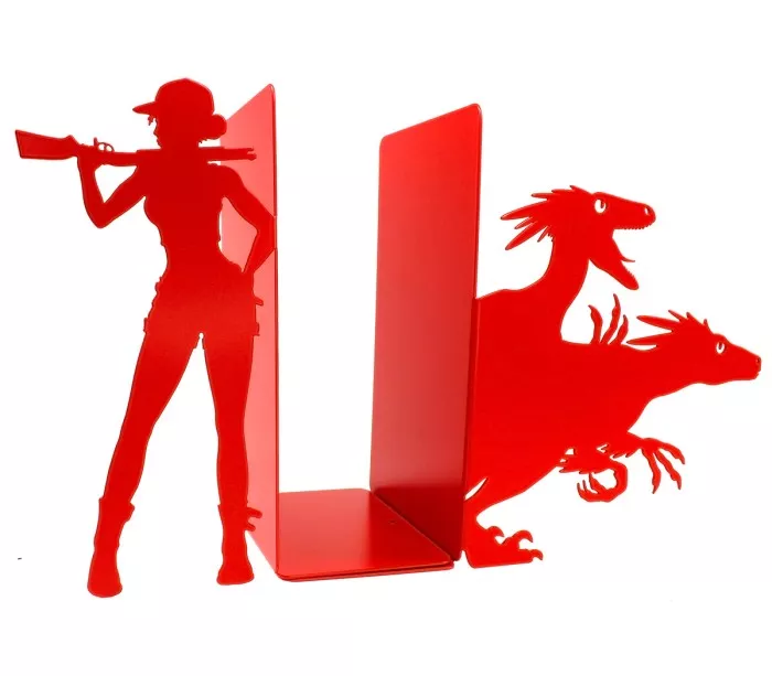Large red bookends to hold comic books and decorate shelves