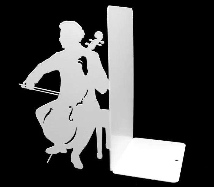 Silhouette eines Cellisten aus Metall Buchstützen, Dekorationsidee Regal