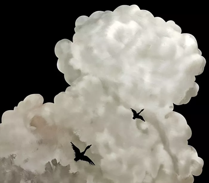 Effet de nuage obtenu par brossage sur panneau décoratif en acier inoxydable