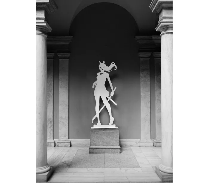 Manga-inspired laser-cut steel artwork