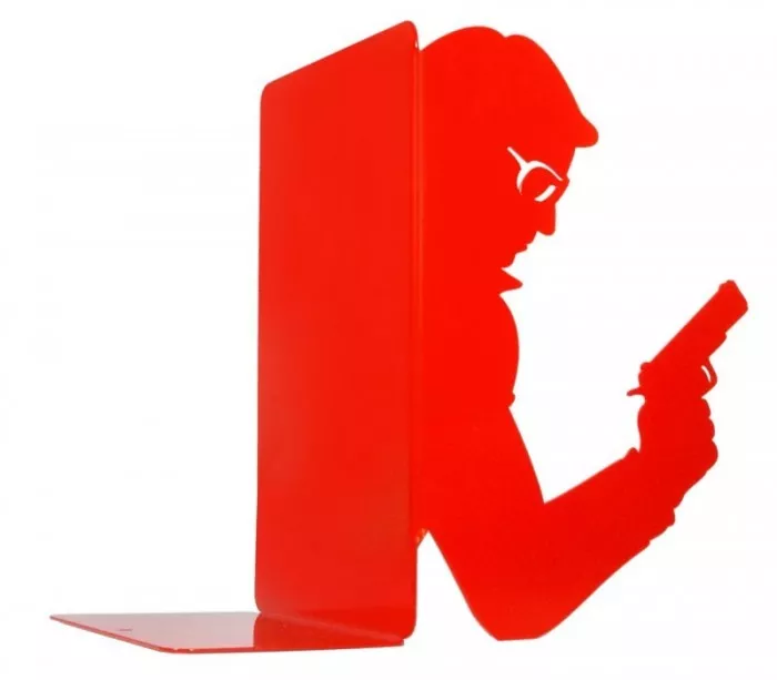 Large red metal bookend inspired by movies action and thriller